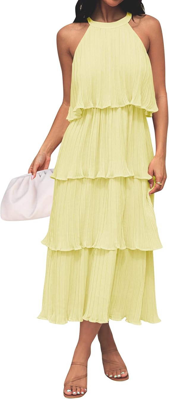 Halter Neck Tiered Pleated Midi Dress