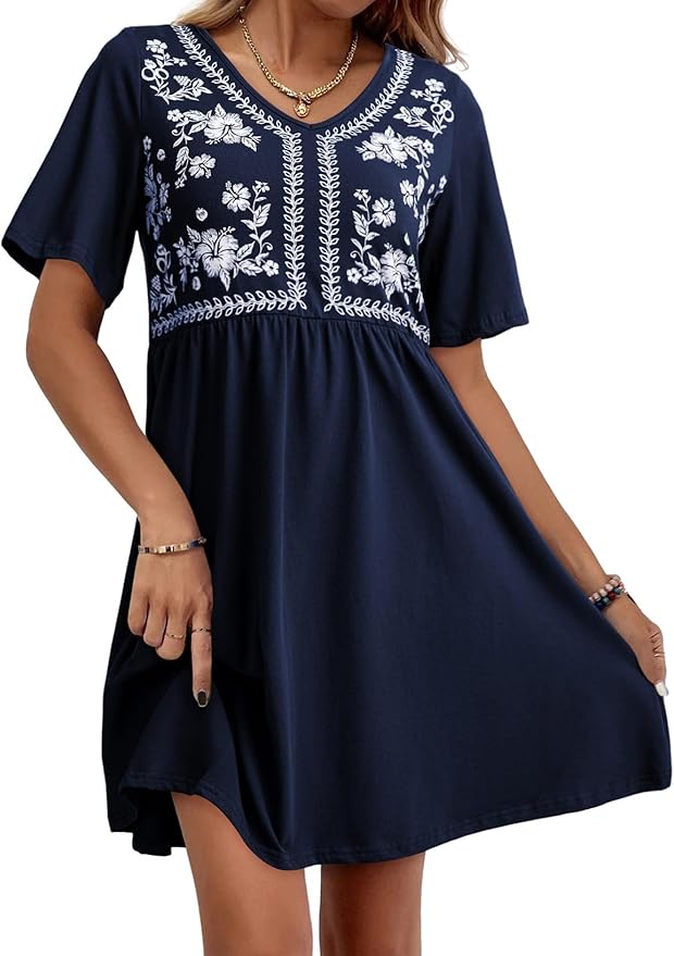 Floral Embroidered V-Neck Short Sleeve Casual A-Line Dress