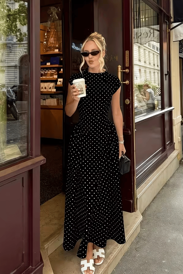 Women’s Polka Dot Maxi Dress – Sleeveless A-Line Long Dress
