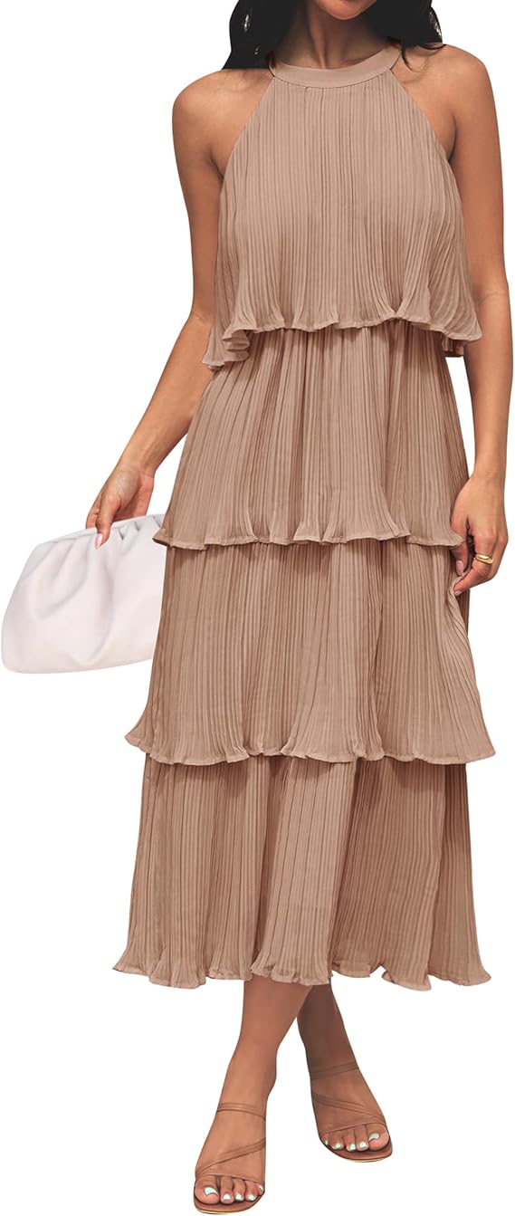 Halter Neck Tiered Pleated Midi Dress