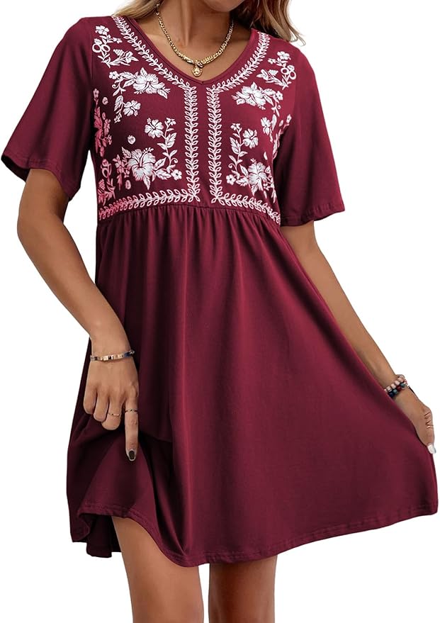 Floral Embroidered V-Neck Short Sleeve Casual A-Line Dress