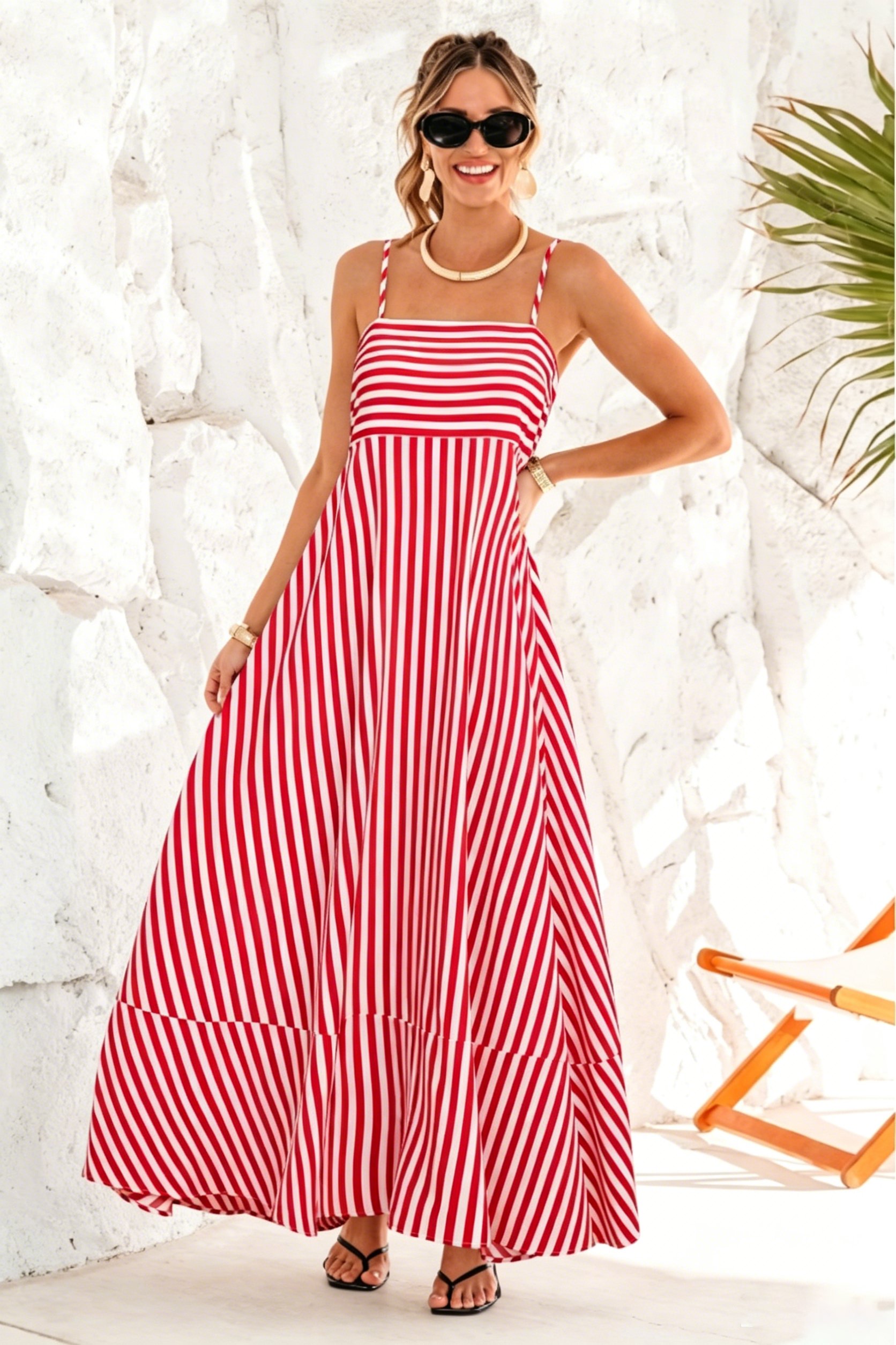 Women's Summer Maxi Dress — Casual Sleeveless Square-Neck Striped Beach Dress (With Pockets)