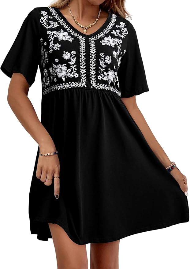 Floral Embroidered V-Neck Short Sleeve Casual A-Line Dress