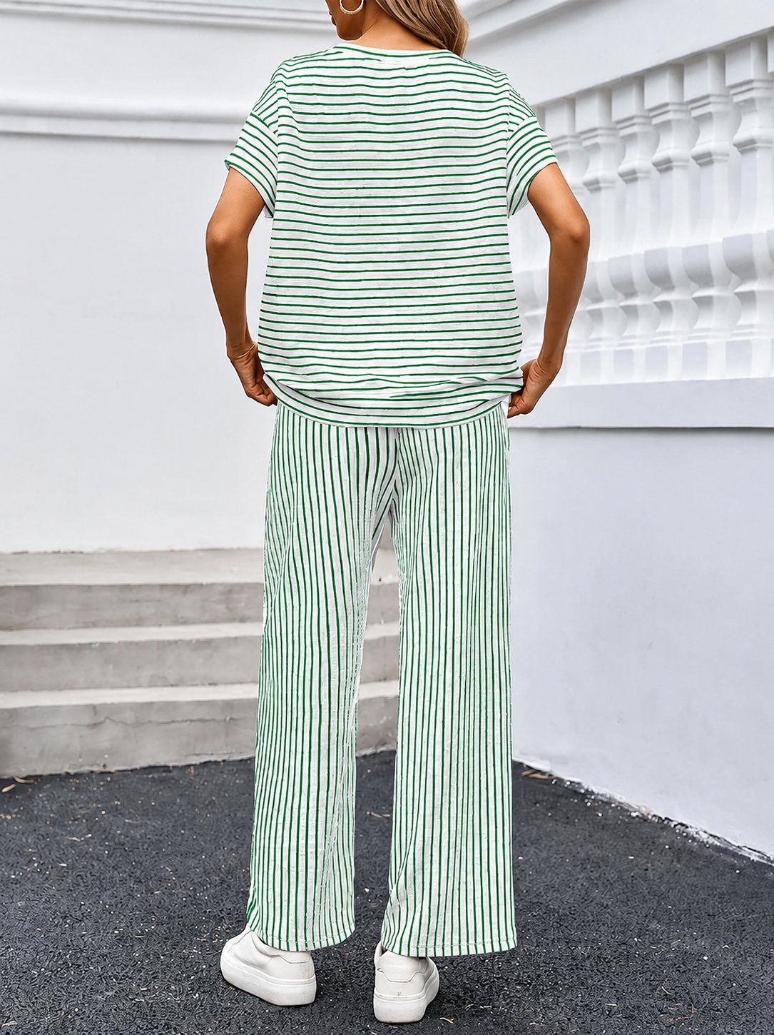 Striped Loungewear Set – Short Sleeve Top & Wide Leg Pants