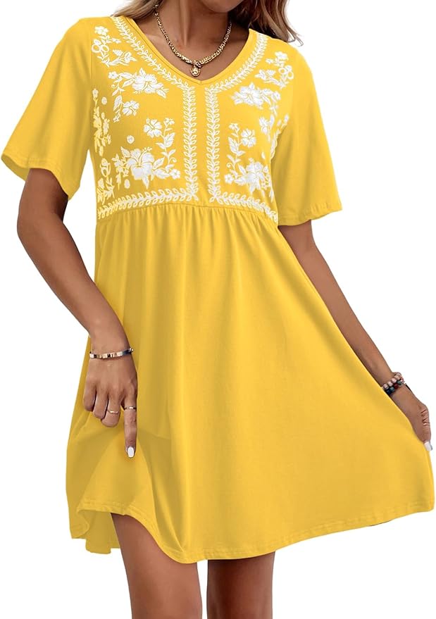 Floral Embroidered V-Neck Short Sleeve Casual A-Line Dress