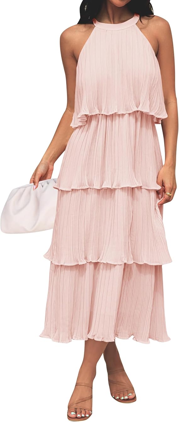 Halter Neck Tiered Pleated Midi Dress