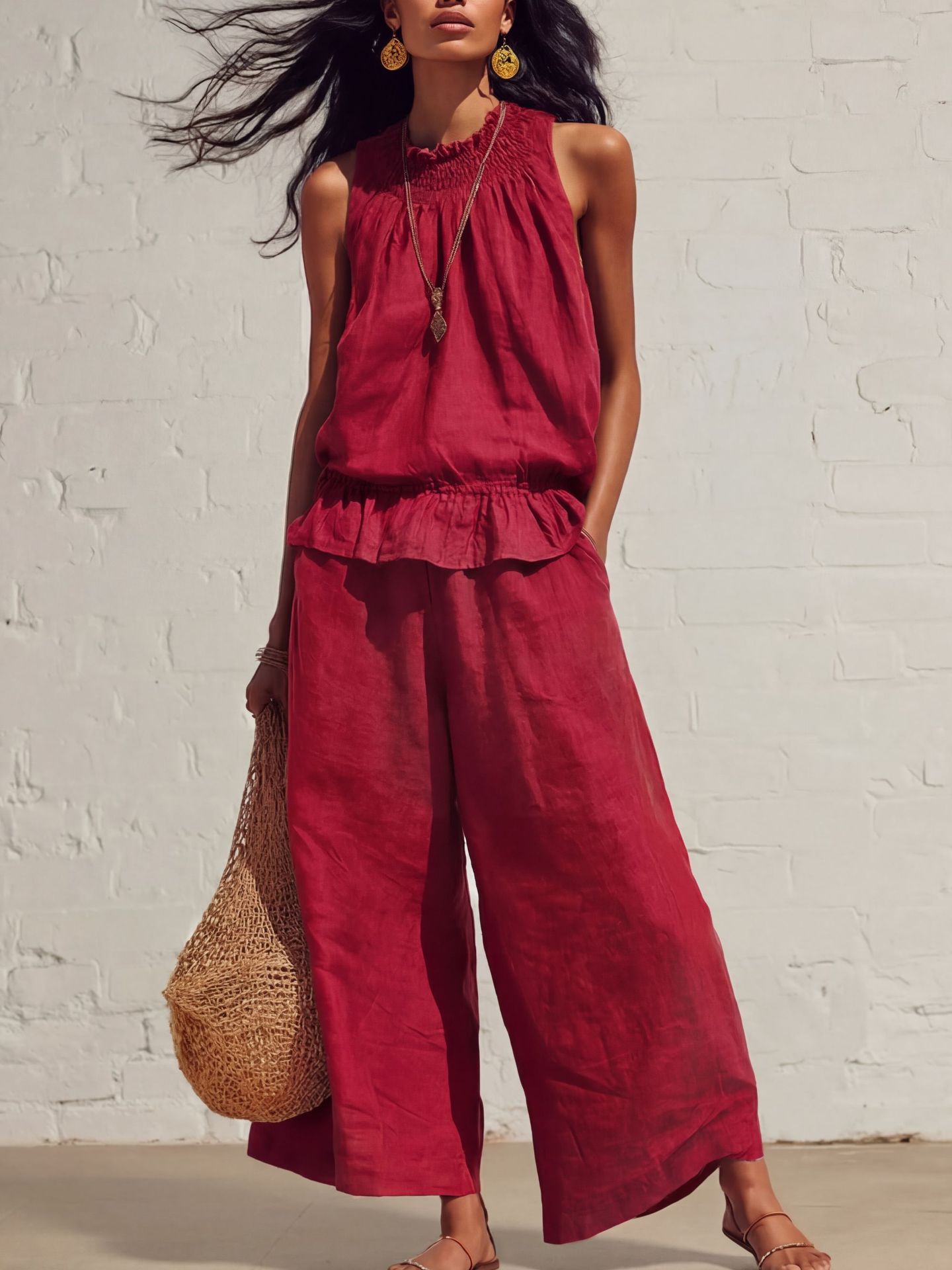 Women’s Sleeveless Linen Blend Two-Piece Set