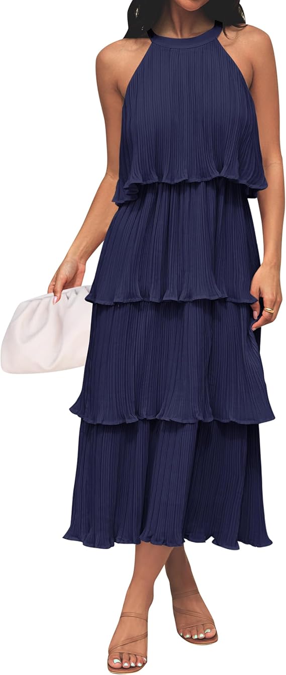 Halter Neck Tiered Pleated Midi Dress
