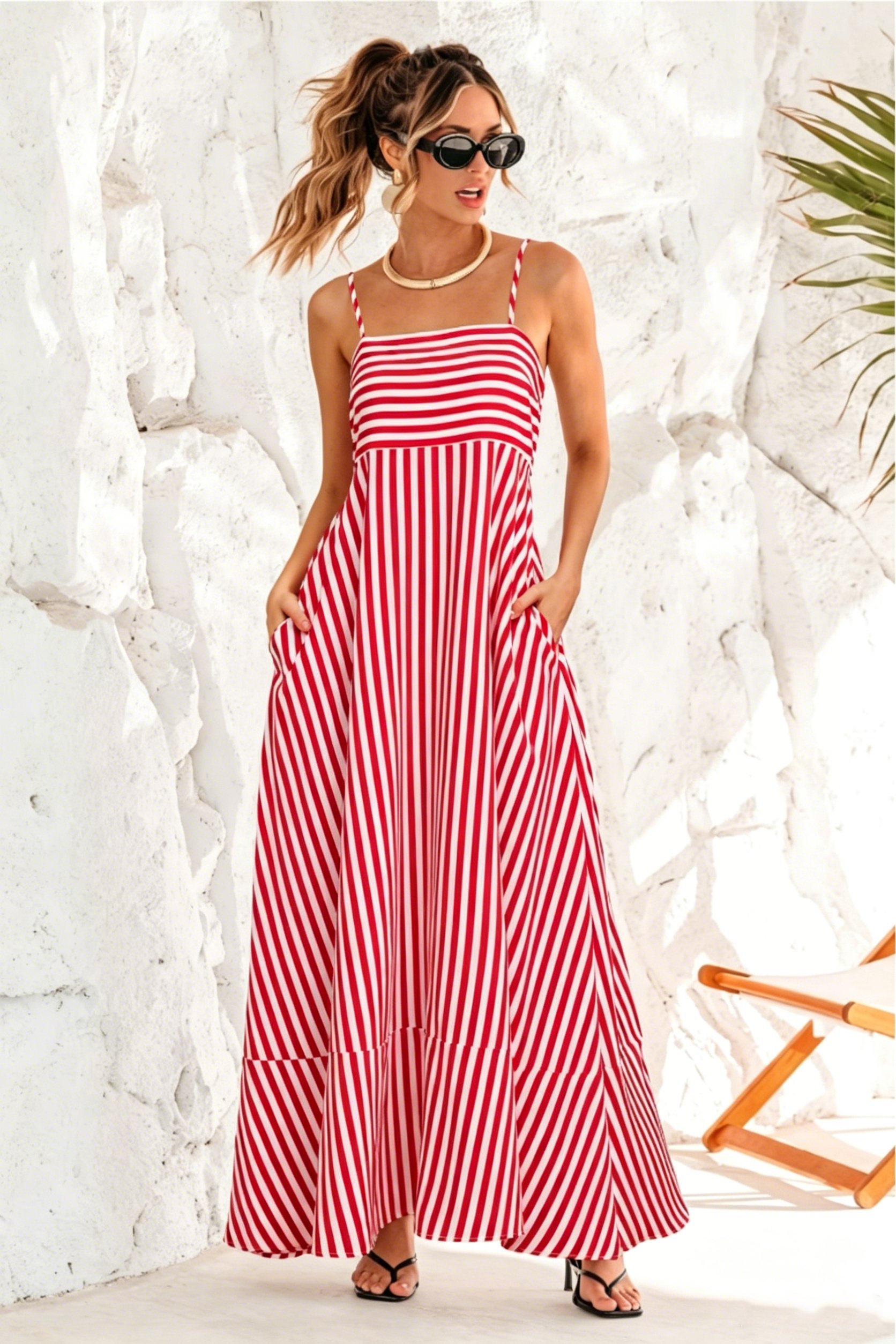 Women's Summer Maxi Dress — Casual Sleeveless Square-Neck Striped Beach Dress (With Pockets)