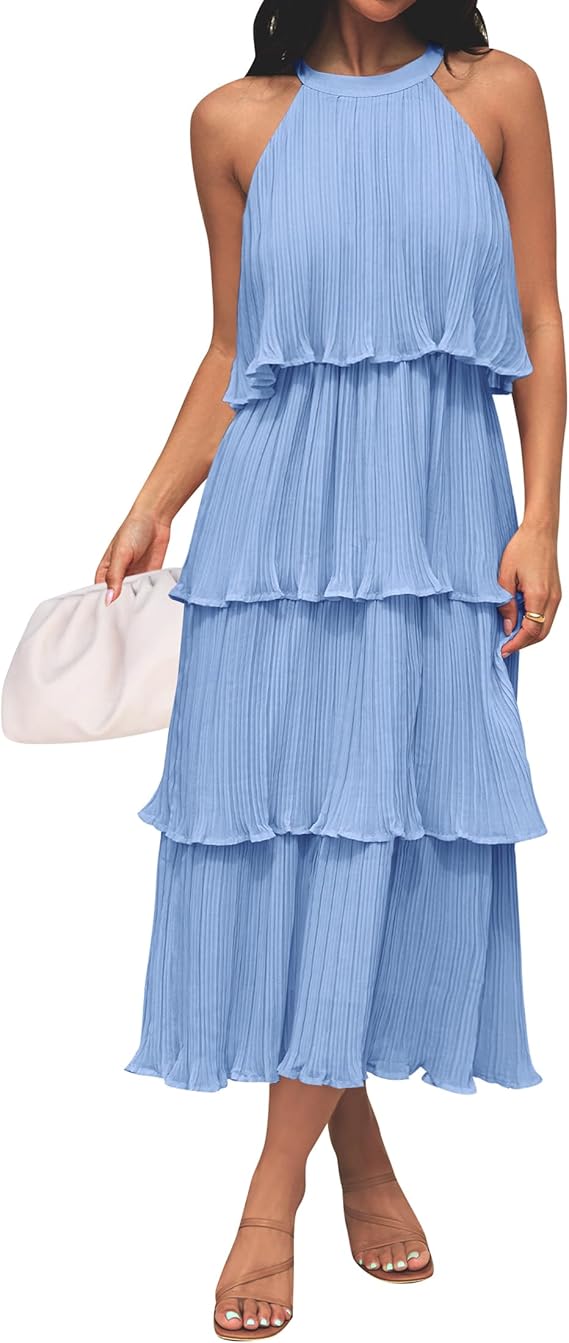 Halter Neck Tiered Pleated Midi Dress