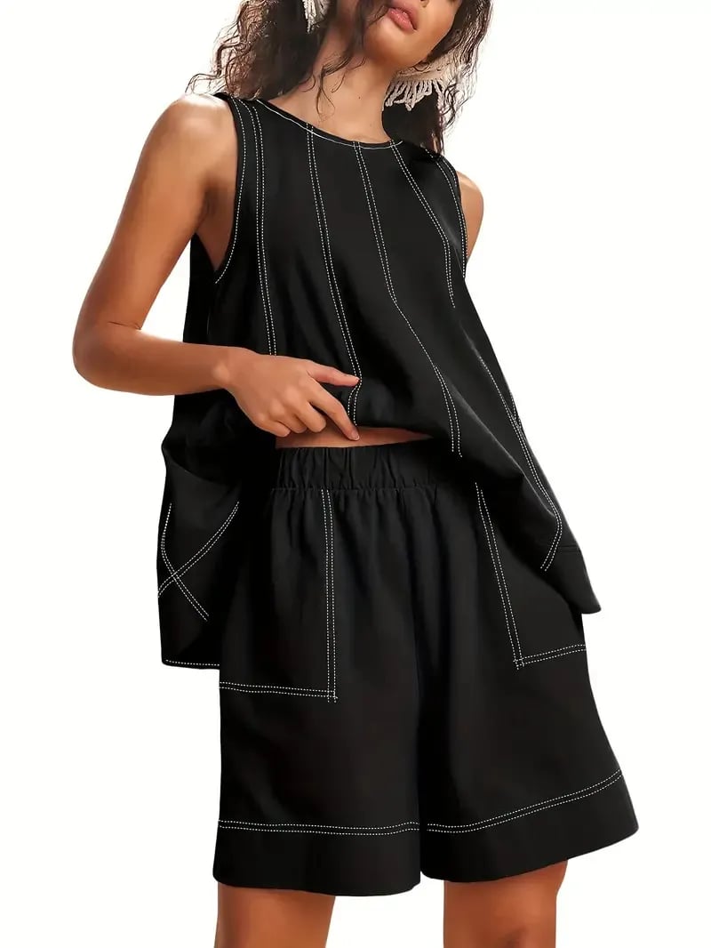 Women's Two Piece Outfit Cotton Matching Set  A-Line Sleeveless Tank Tops and High-Waist Shorts with Pockets