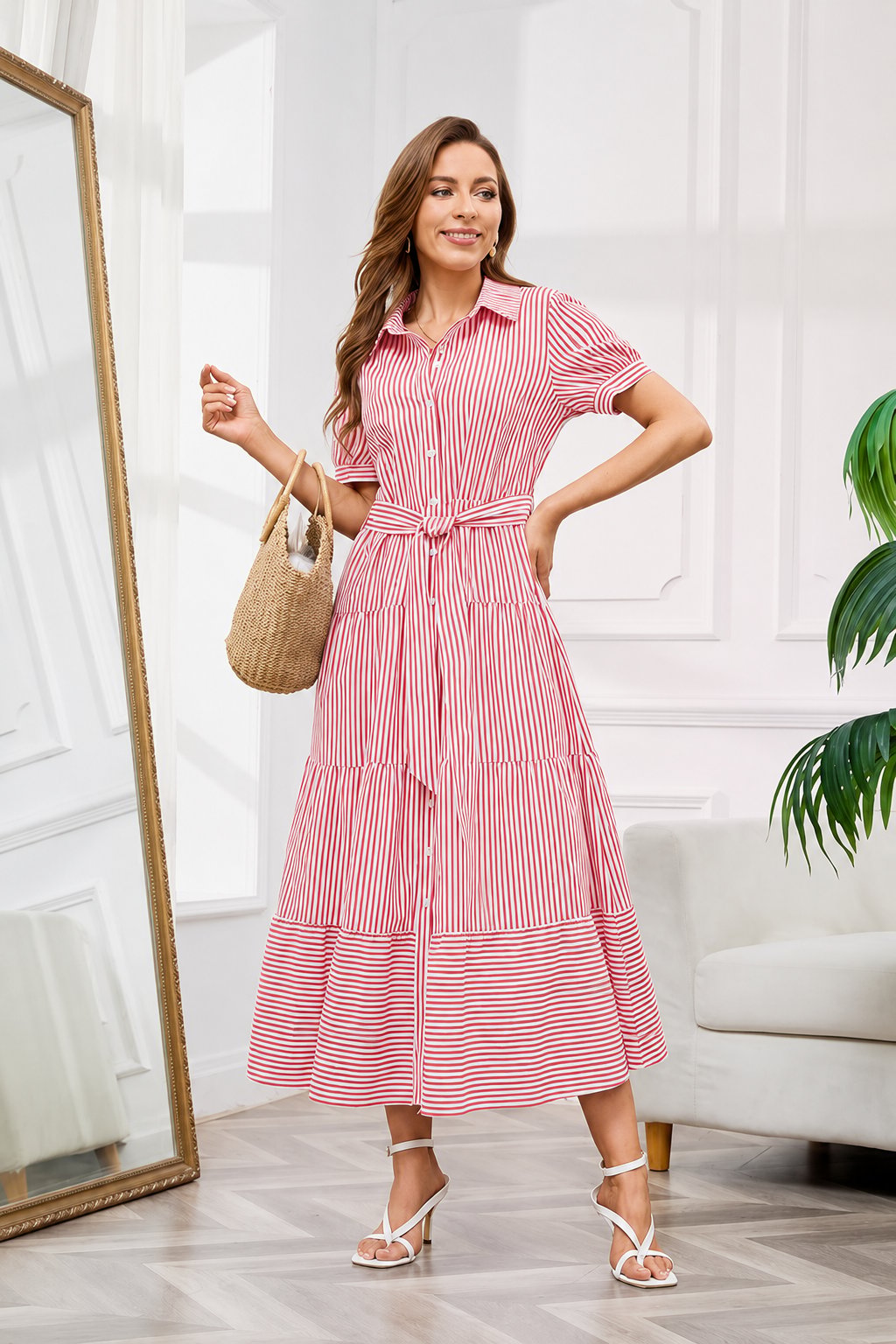 Women’s Striped Button-Front Tiered Maxi Dress
