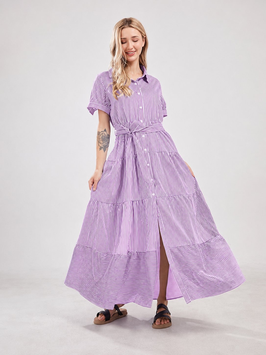 Women’s Striped Button-Front Tiered Maxi Dress