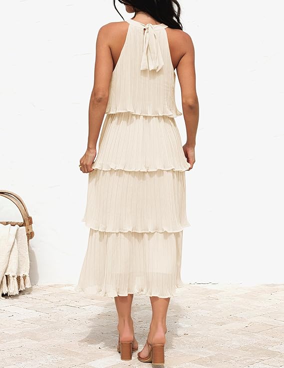 Halter Neck Tiered Pleated Midi Dress