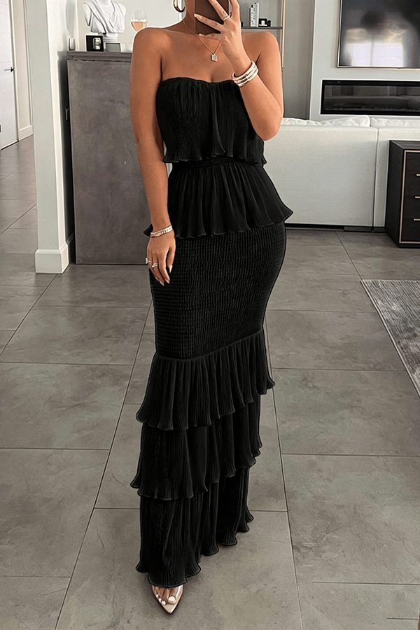 Women's Strapless Tiered Ruffle Maxi Dress