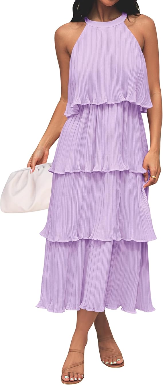 Halter Neck Tiered Pleated Midi Dress