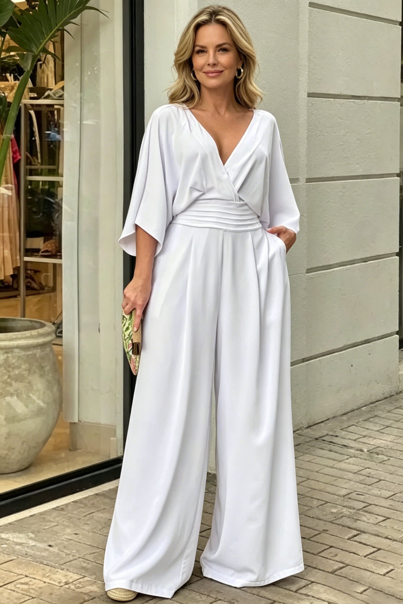 Elegant Solid Color V-Neck Jumpsuit – Effortless Style for Every Occasion