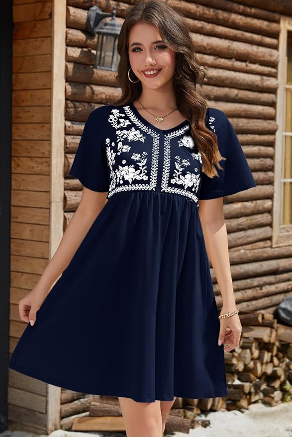 Floral Embroidered V-Neck Short Sleeve Casual A-Line Dress