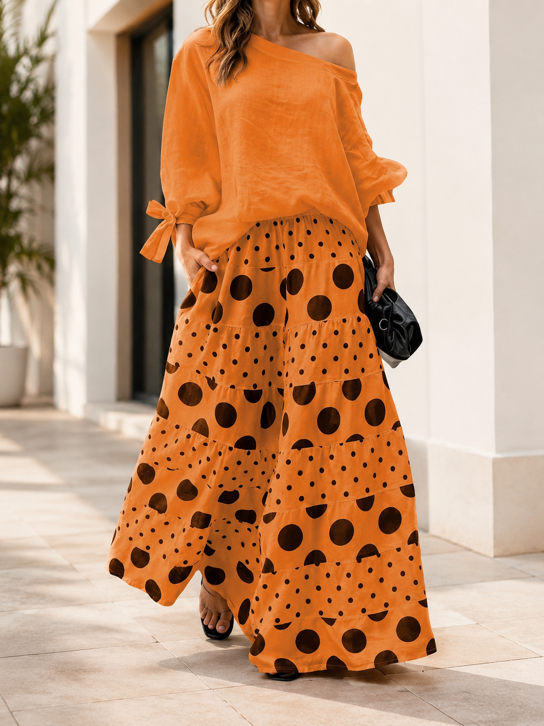 Fashion Summer Set – Diagonal Neck Blouse & Wide Leg Pants