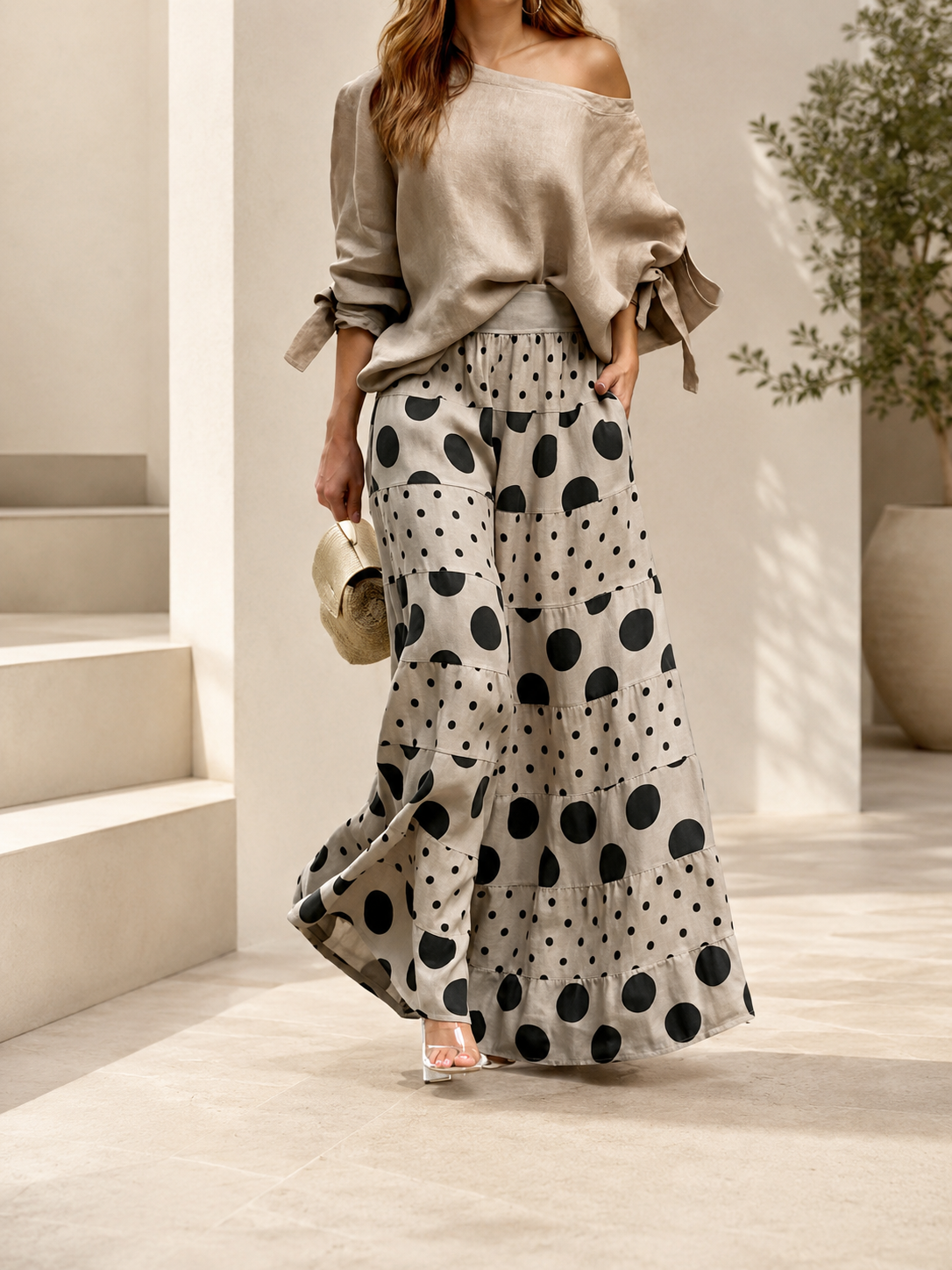 Fashion Summer Set – Diagonal Neck Blouse & Wide Leg Pants