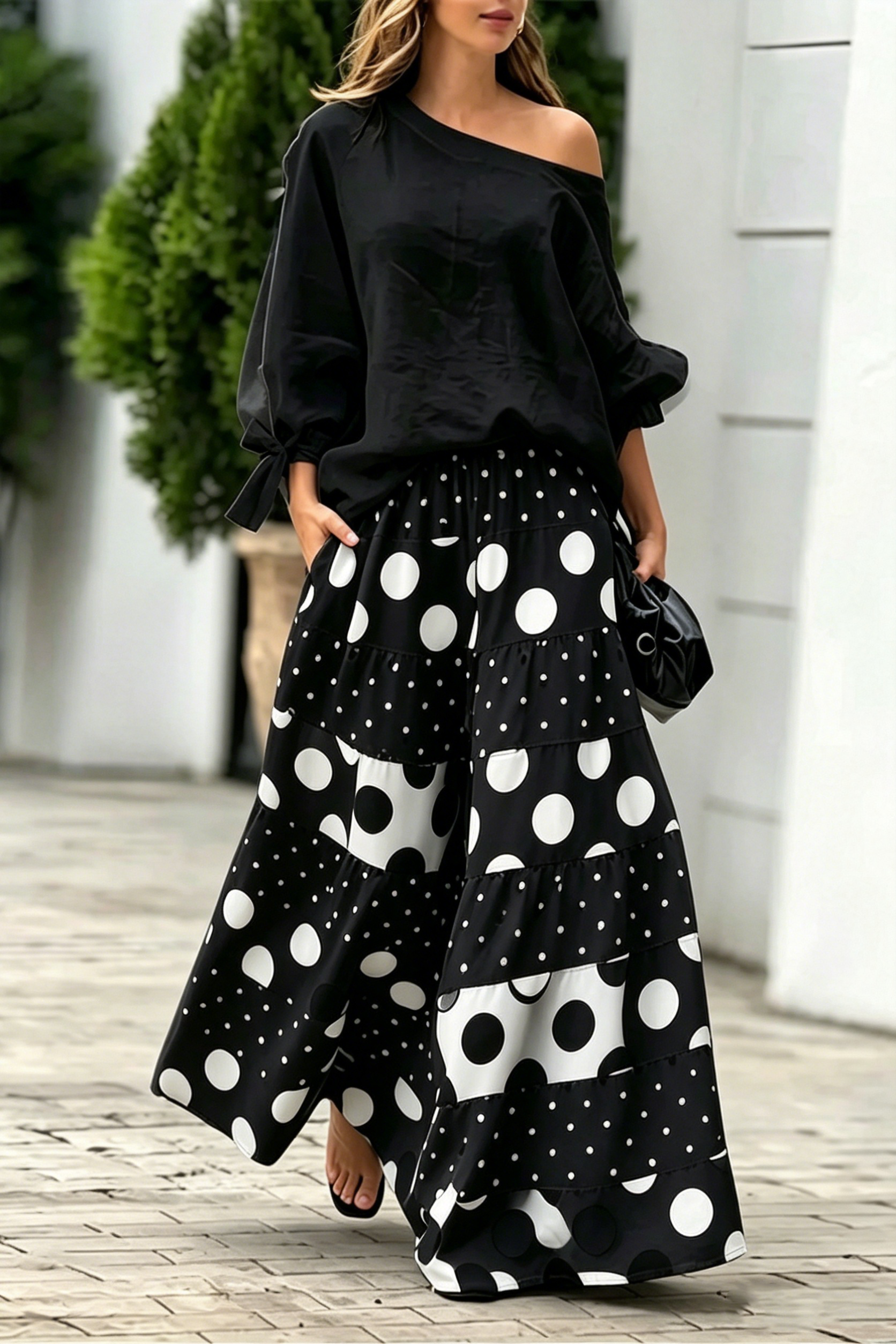 Fashion Summer Set – Diagonal Neck Blouse & Wide Leg Pants