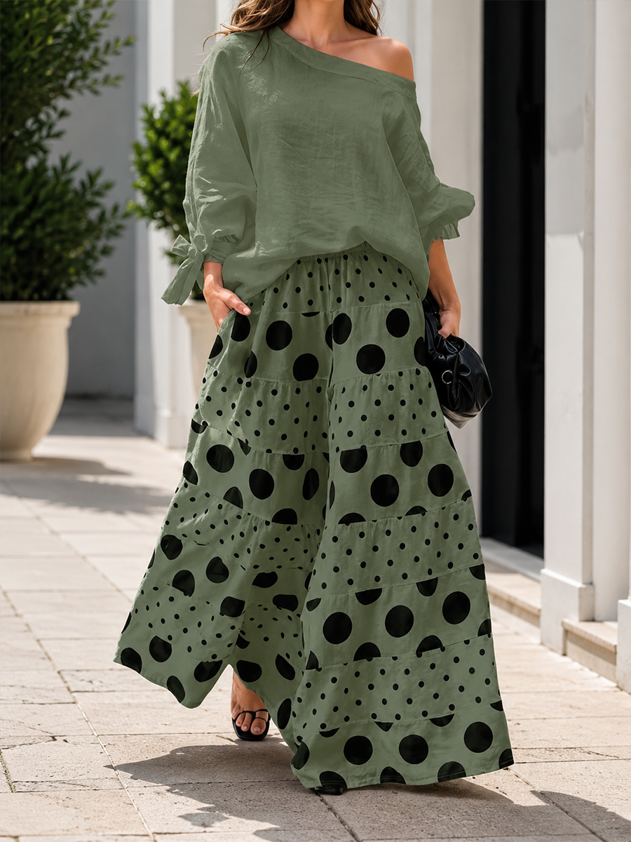 Fashion Summer Set – Diagonal Neck Blouse & Wide Leg Pants(Buy 2 Free Shipping)