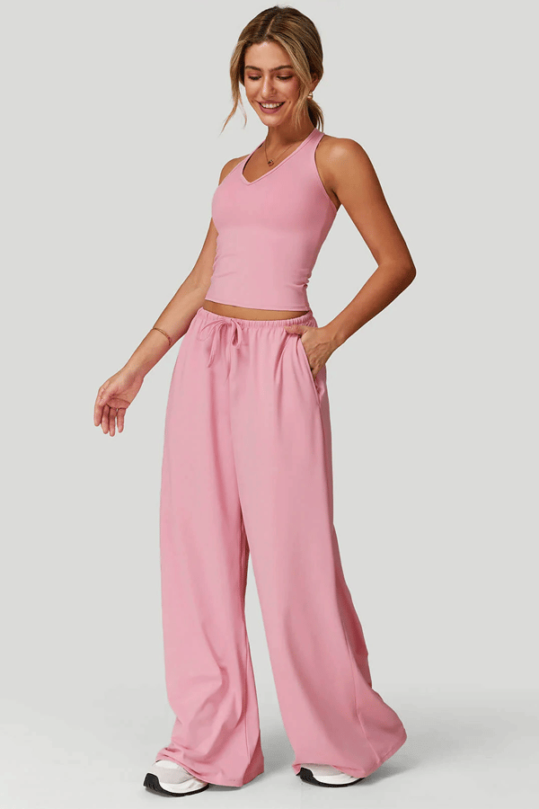 Women's Lightweight "Cloud-Feel" Casual Set — Backless Cropped Top & Wide-Leg Pants