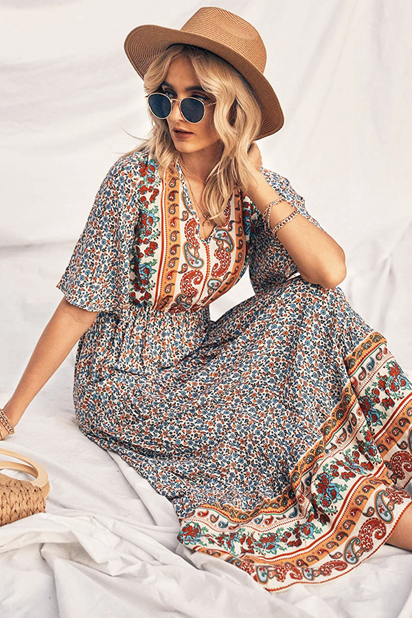 Women’s Bohemian Cotton Tie-Waist Maxi Dress(Buy 2 Free Shipping)