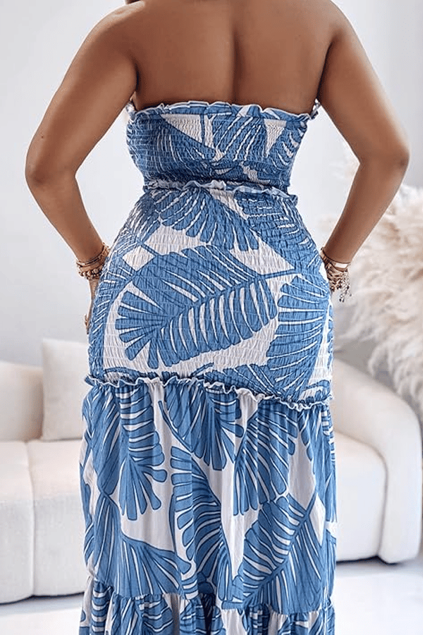 Strapless Leaf Print Maxi Dress