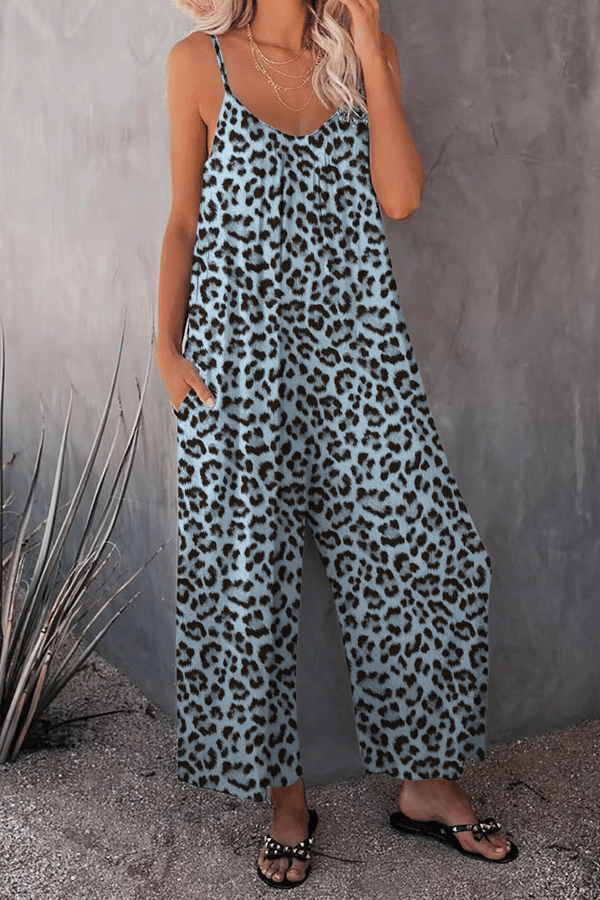 Women’s Leopard Print Suspender Jumpsuit – Casual Sleeveless Wide-Leg Overalls