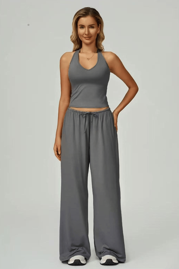 Women's Lightweight "Cloud-Feel" Casual Set — Backless Cropped Top & Wide-Leg Pants