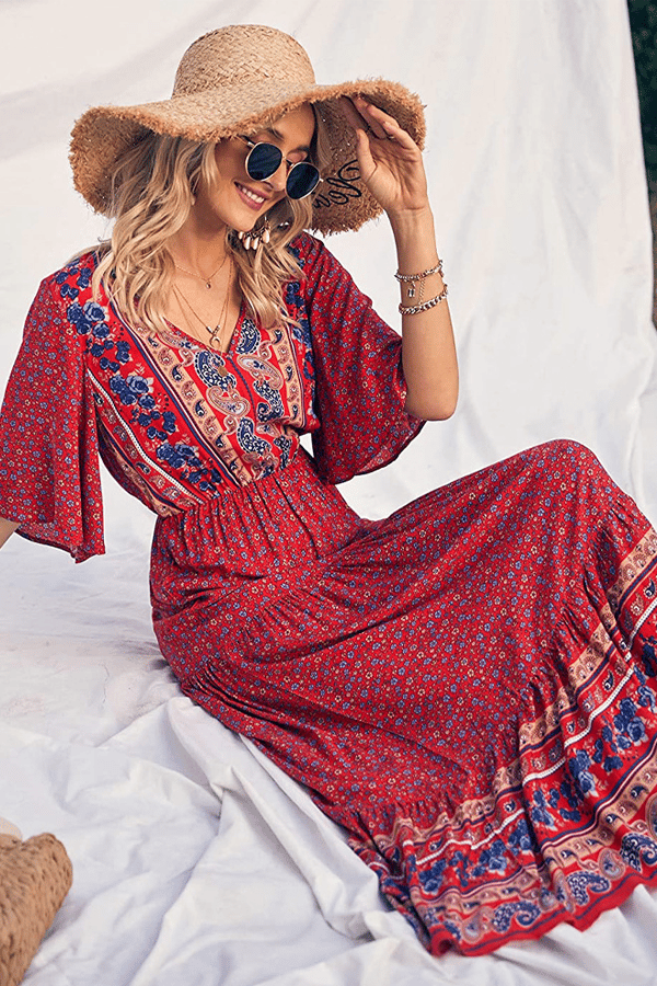 Women’s Bohemian Cotton Tie-Waist Maxi Dress(Buy 2 Free Shipping)
