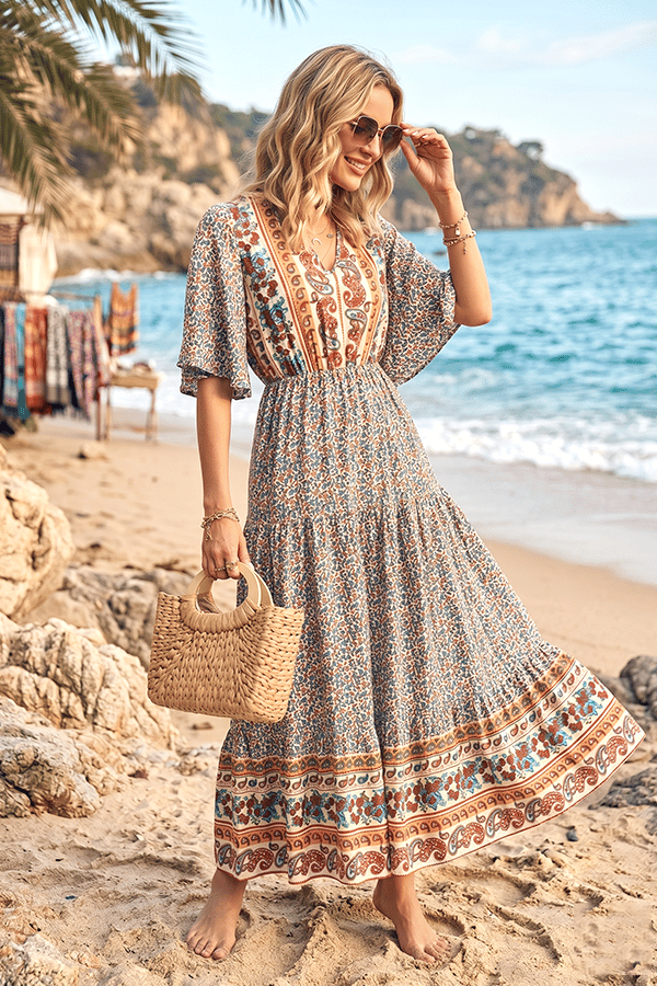 Women’s Bohemian Cotton Tie-Waist Maxi Dress(Buy 2 Free Shipping)