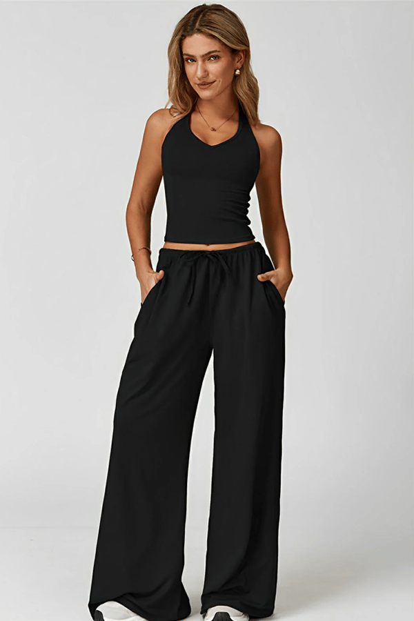 Women's Lightweight "Cloud-Feel" Casual Set — Backless Cropped Top & Wide-Leg Pants