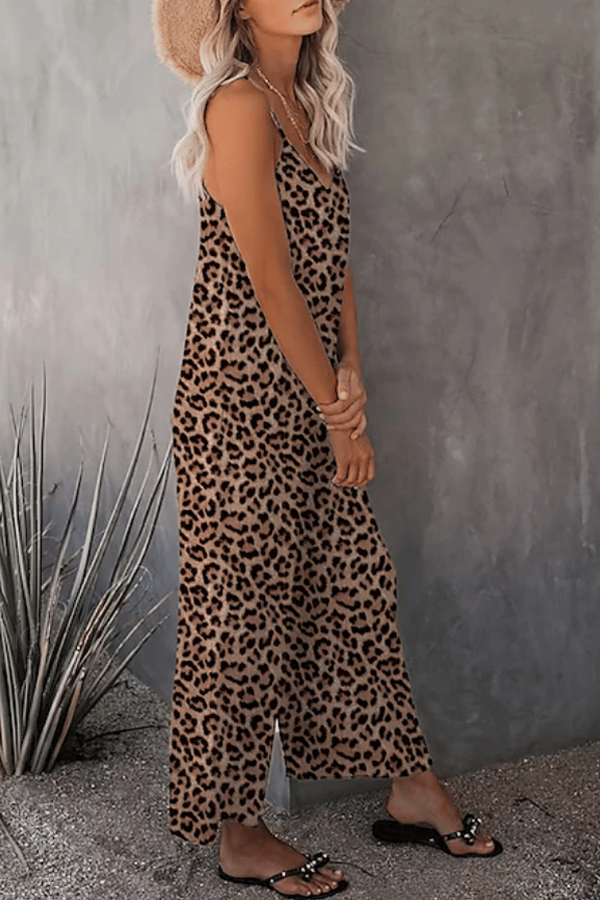 Women’s Leopard Print Suspender Jumpsuit – Casual Sleeveless Wide-Leg Overalls