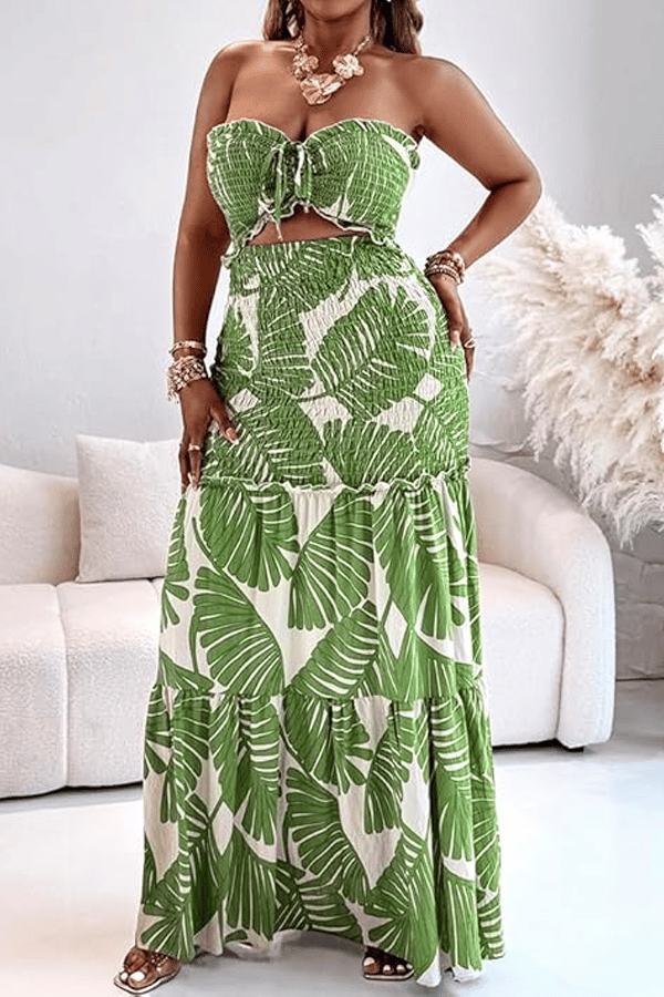 Strapless Leaf Print Maxi Dress