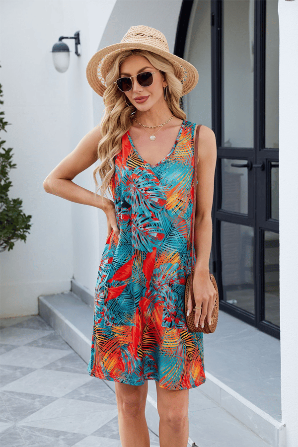 Women’s V-Neck Sleeveless Mini Dress with Pockets