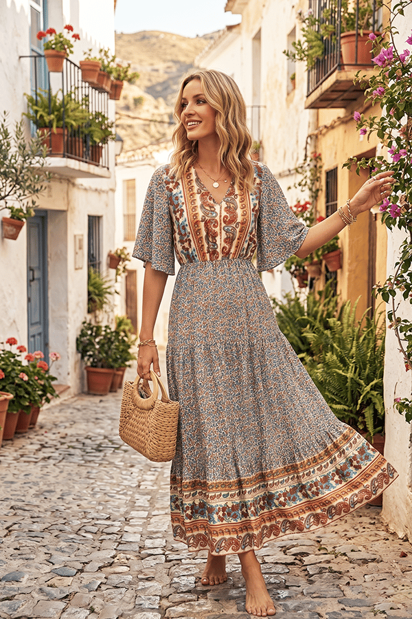 Women’s Bohemian Cotton Tie-Waist Maxi Dress(Buy 2 Free Shipping)
