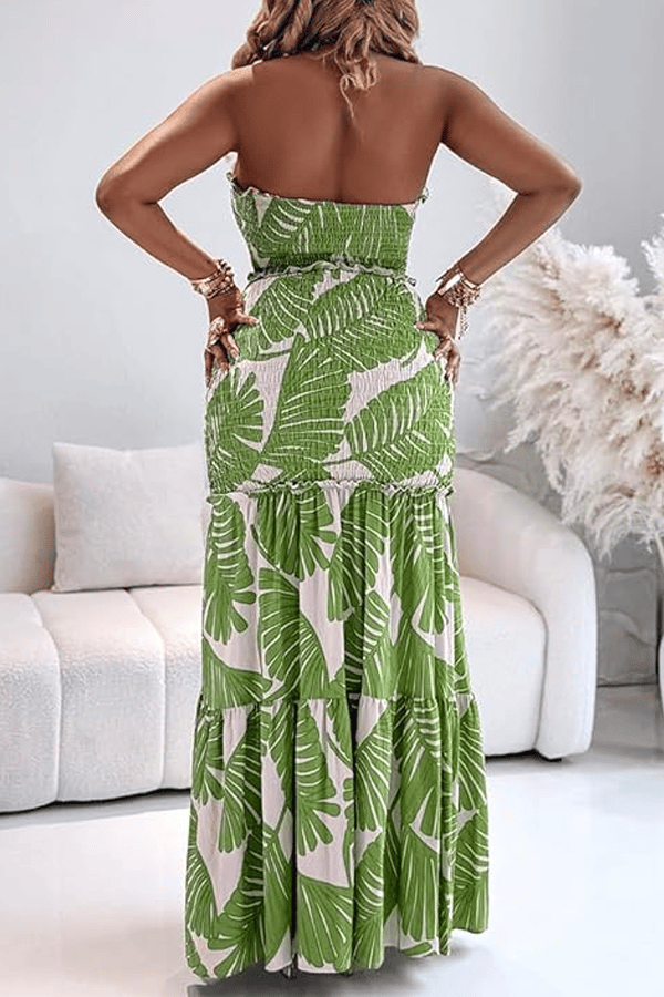 Strapless Leaf Print Maxi Dress