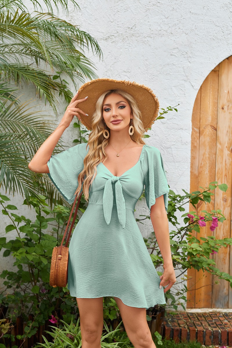 Women's Deep V-Neck Mini Dress with Bow Accent — 2026 Stylish & Elegant Dress