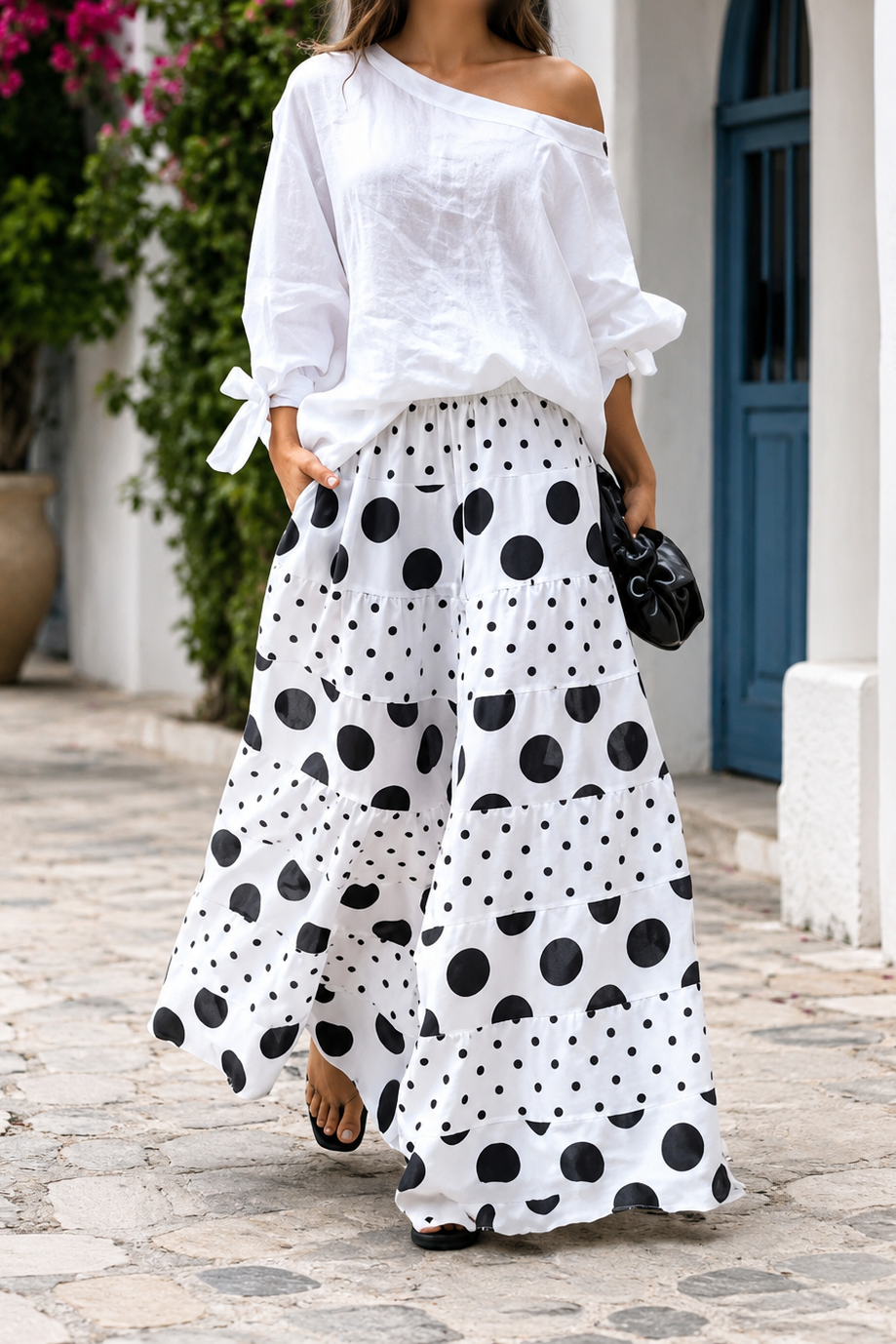 Fashion Summer Set – Diagonal Neck Blouse & Wide Leg Pants