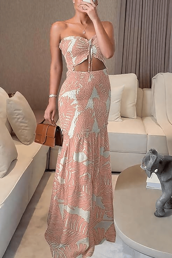 Strapless Leaf Print Maxi Dress
