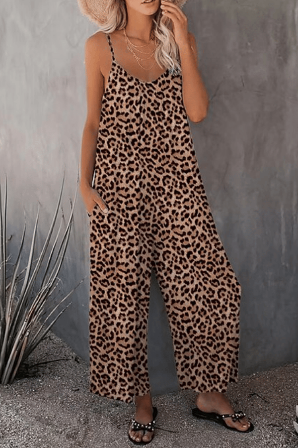 Women’s Leopard Print Suspender Jumpsuit – Casual Sleeveless Wide-Leg Overalls