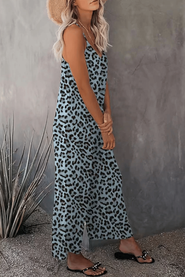 Women’s Leopard Print Suspender Jumpsuit – Casual Sleeveless Wide-Leg Overalls