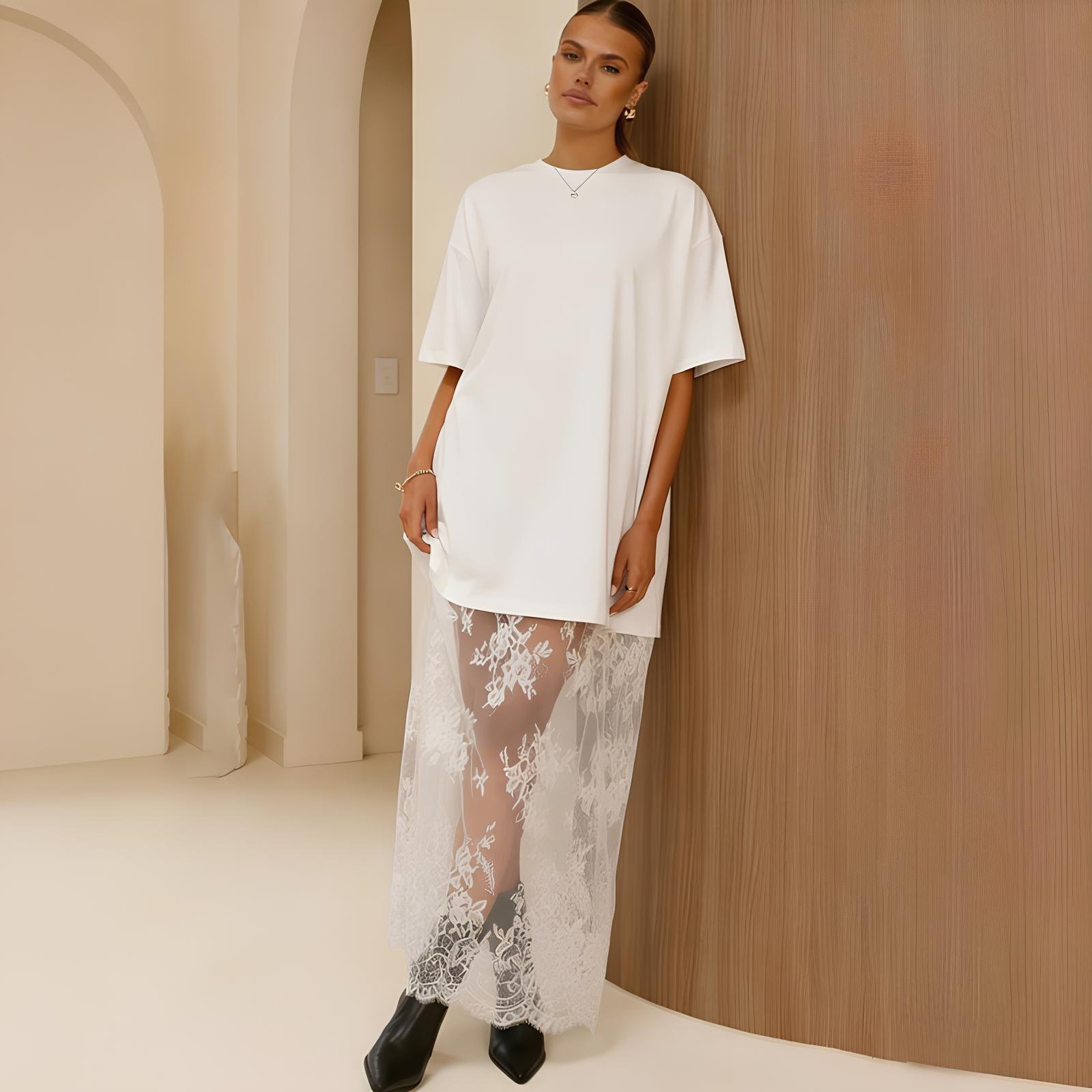 Relaxed and comfortable long lace-trimmed T-shirt dress(Buy 2 Set— Save $10 & Enjoy Free Shipping)