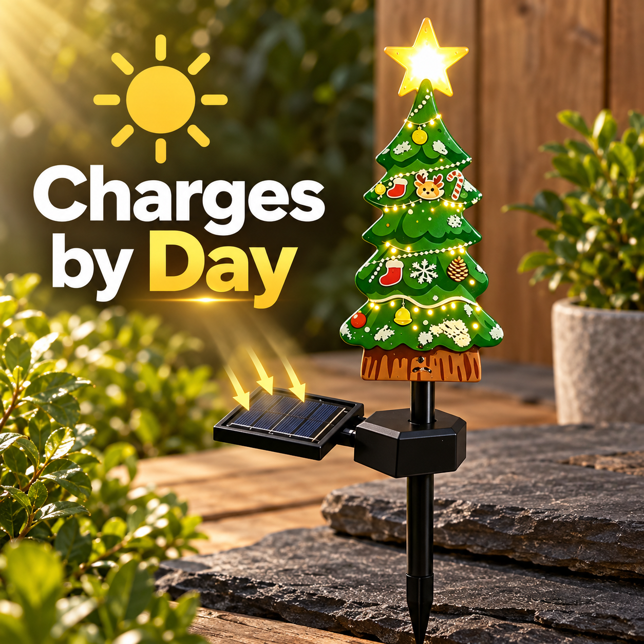 Solar panel charging in daylight on a character stake light