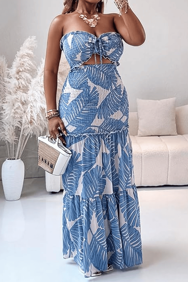 Strapless Leaf Print Maxi Dress