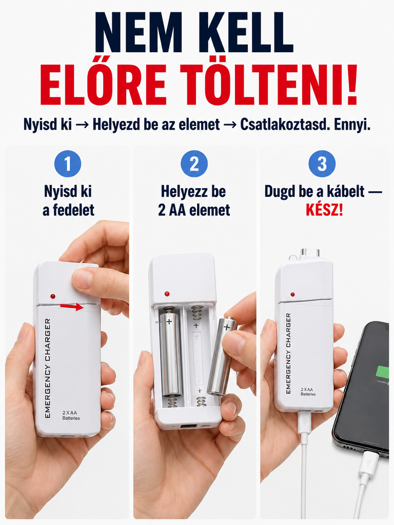 【-50% Akció】Hordozható AA Elemes Vésztöltő - Azonnali Áram Bárhol