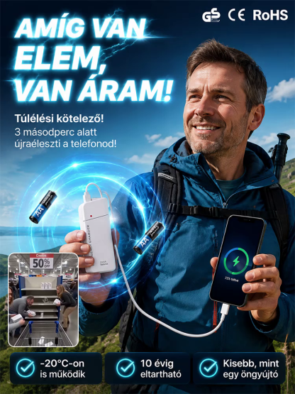 【-50% Akció】Hordozható AA Elemes Vésztöltő - Azonnali Áram Bárhol
