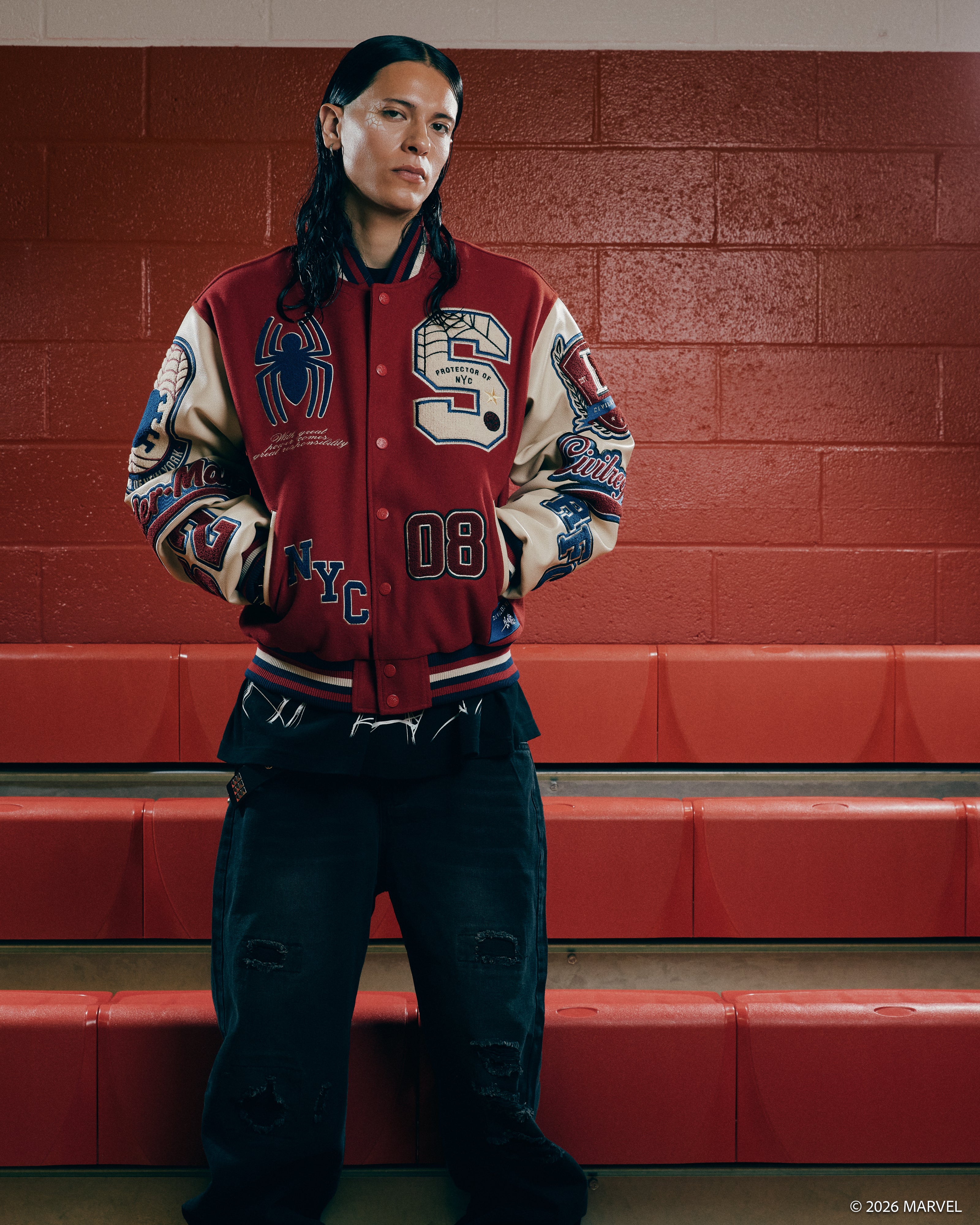 Protector Of NYC Letterman Jacket in Red/Sand